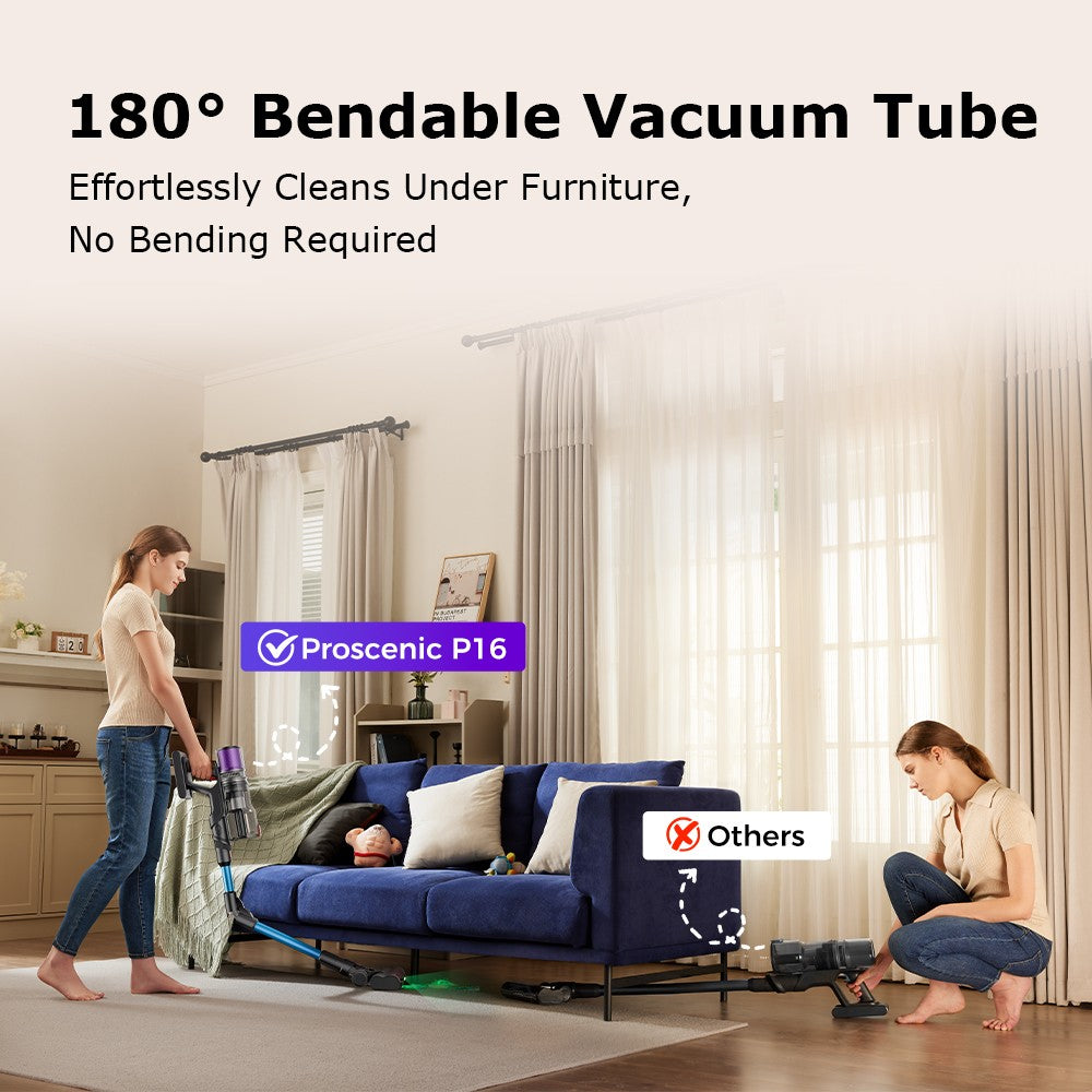 Aspiradora escoba sin cable Proscenic P16, succión de 45 kPa, autonomía de 55 minutos, tubo flexible de 180°, cepillo para suelo anti-enredos, bajo nivel de ruido de 62 dB, para uso doméstico y pelo de mascotas, azul.