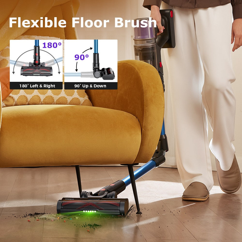 Aspiradora escoba sin cable Proscenic P16, succión de 45 kPa, autonomía de 55 minutos, tubo flexible de 180°, cepillo para suelo anti-enredos, bajo nivel de ruido de 62 dB, para uso doméstico y pelo de mascotas, azul.