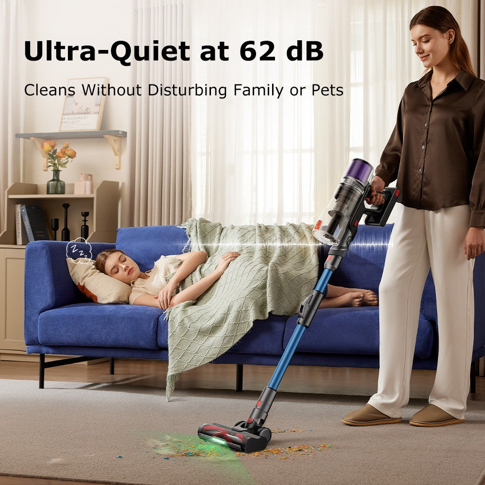 Aspiradora escoba sin cable Proscenic P16, succión de 45 kPa, autonomía de 55 minutos, tubo flexible de 180°, cepillo para suelo anti-enredos, bajo nivel de ruido de 62 dB, para uso doméstico y pelo de mascotas, azul.