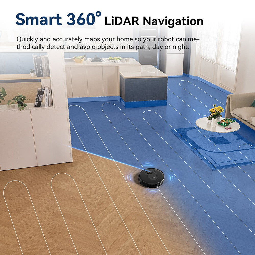 Robot aspirador y fregona Proscenic Q8, succión de 4200 Pa, navegación LiDAR, 200 minutos de autonomía, autocarga automática, control por aplicación, depósito de polvo de 350 ml, depósito de agua de 250 ml, para suelos interiores, pelo de mascotas, alfombras - Negro