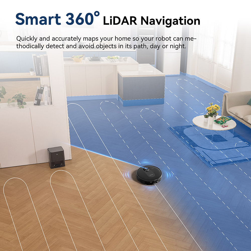Robot aspirador y fregasuelos Proscenic Q8 Max con estación de autovaciado, succión máxima de 4200 Pa, 200 minutos de autonomía, 3 modos de limpieza, navegación inteligente LiDAR de 360°, control por aplicación, para suelos, pelo de mascotas y alfombras.