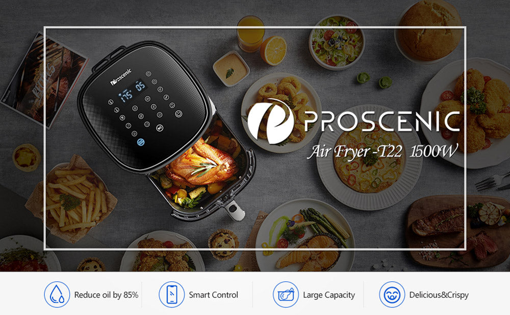 Proscenic T22 Freidora de Aire Eléctrica Inteligente, Sin Aceite, Cesta Antiadherente de 5L, Tecnología de Circulación de Aire Caliente 3D, Recetas Personalizadas, Pantalla Táctil LED, Control por App - Negro