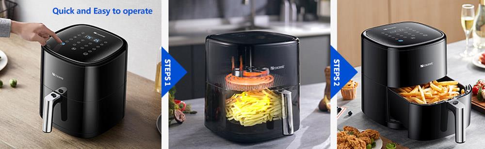Proscenic T22 Freidora de Aire Eléctrica Inteligente, Sin Aceite, Cesta Antiadherente de 5L, Tecnología de Circulación de Aire Caliente 3D, Recetas Personalizadas, Pantalla Táctil LED, Control por App - Negro