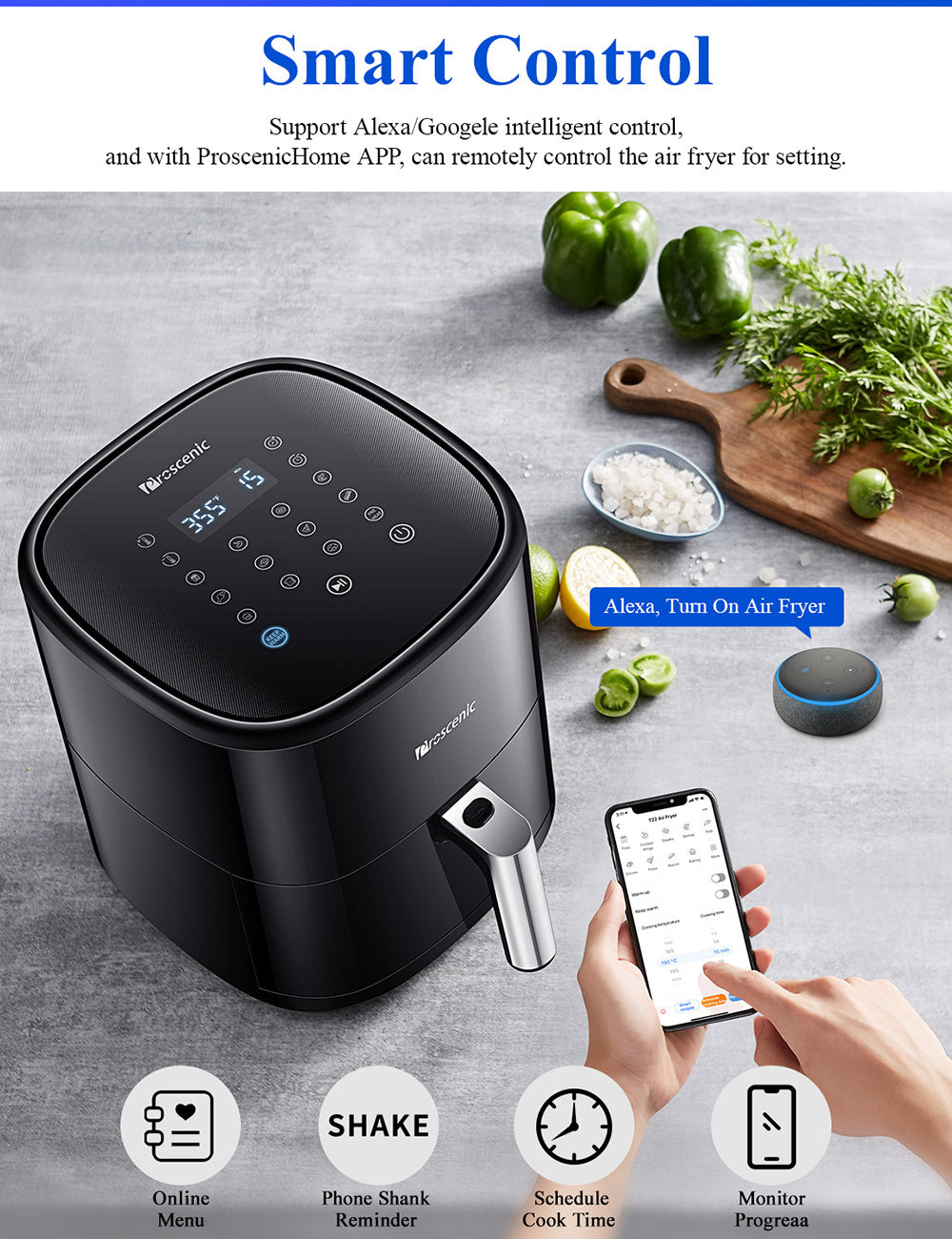 Proscenic T22 Freidora de Aire Eléctrica Inteligente, Sin Aceite, Cesta Antiadherente de 5L, Tecnología de Circulación de Aire Caliente 3D, Recetas Personalizadas, Pantalla Táctil LED, Control por App - Negro