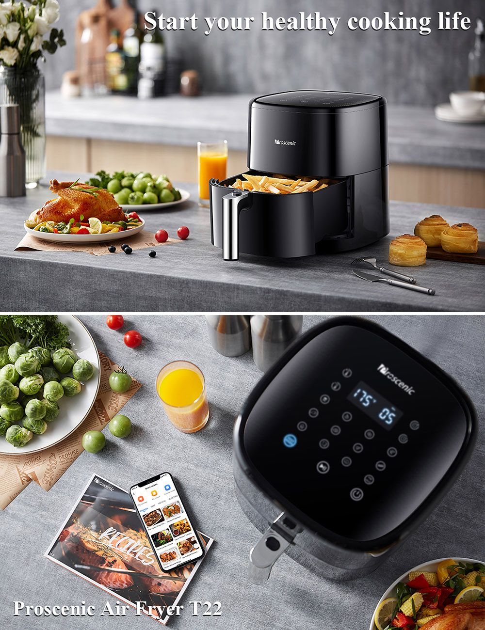 Proscenic T22 Freidora de Aire Eléctrica Inteligente, Sin Aceite, Cesta Antiadherente de 5L, Tecnología de Circulación de Aire Caliente 3D, Recetas Personalizadas, Pantalla Táctil LED, Control por App - Negro