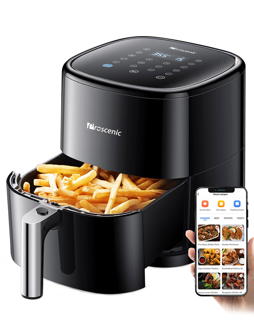 Proscenic T22 Freidora de Aire Eléctrica Inteligente, Sin Aceite, Cesta Antiadherente de 5L, Tecnología de Circulación de Aire Caliente 3D, Recetas Personalizadas, Pantalla Táctil LED, Control por App - Negro