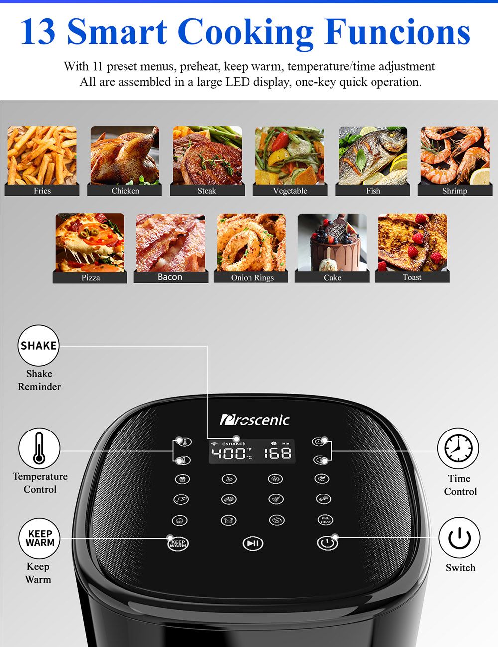 Proscenic T22 Freidora de Aire Eléctrica Inteligente, Sin Aceite, Cesta Antiadherente de 5L, Tecnología de Circulación de Aire Caliente 3D, Recetas Personalizadas, Pantalla Táctil LED, Control por App - Negro