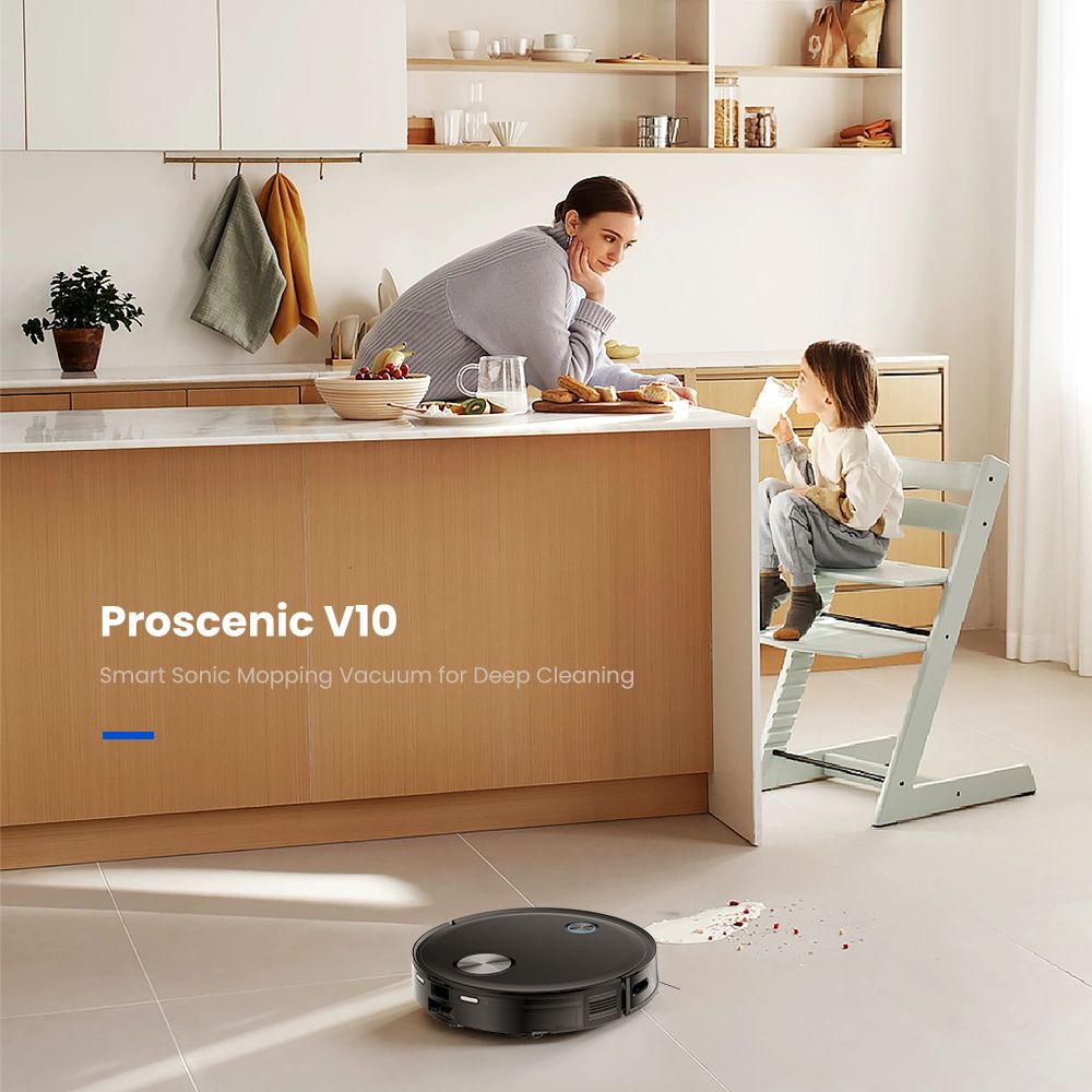 Robot Aspirador Proscenic V10 3 en 1: Aspira, barre y friega. Sistema de fregado vibratorio de 3000 Pa, navegación LDS, depósito de polvo de 240 ml, batería de 2600 mAh, autonomía de 120 minutos, control inteligente mediante aplicación y Alexa - Negro.