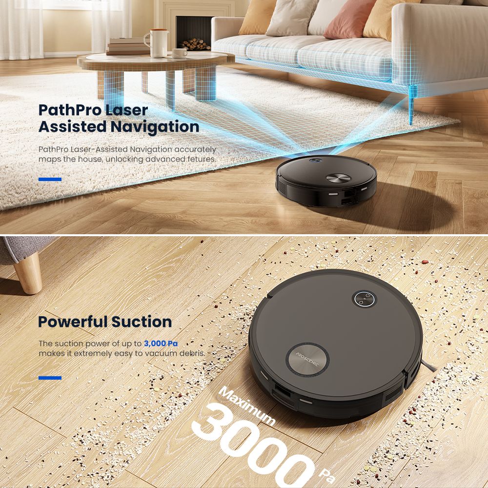 Robot Aspirador Proscenic V10 3 en 1: Aspira, barre y friega. Sistema de fregado vibratorio de 3000 Pa, navegación LDS, depósito de polvo de 240 ml, batería de 2600 mAh, autonomía de 120 minutos, control inteligente mediante aplicación y Alexa - Negro.