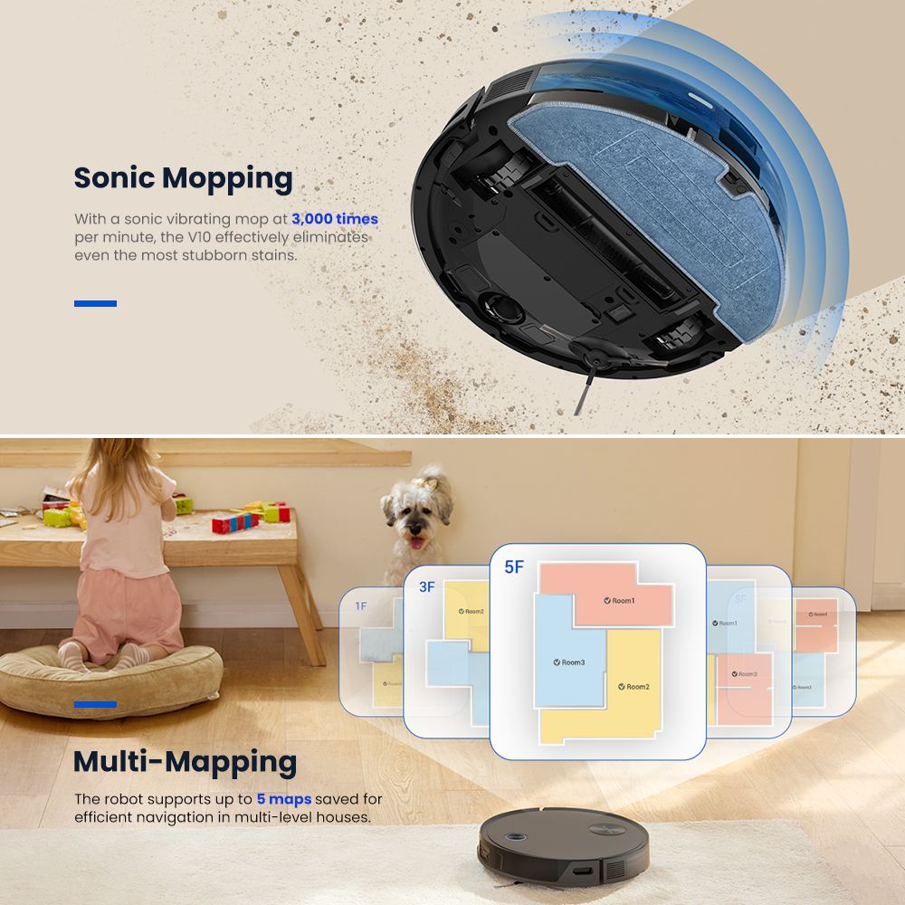 Robot Aspirador Proscenic V10 3 en 1: Aspira, barre y friega. Sistema de fregado vibratorio de 3000 Pa, navegación LDS, depósito de polvo de 240 ml, batería de 2600 mAh, autonomía de 120 minutos, control inteligente mediante aplicación y Alexa - Negro.