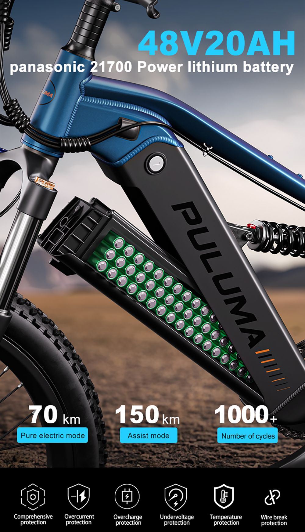 Bicicleta eléctrica PULUMA PH001, motor de 500 W, batería de 48 V 20 Ah, neumáticos de 27,5 x 2,8 pulgadas, velocidad máxima de 40 km/h, autonomía de 150 km, frenos de aceite hidráulicos, horquilla con amortiguador, desviador de 9 velocidades, pantalla LCD - Negro Azul