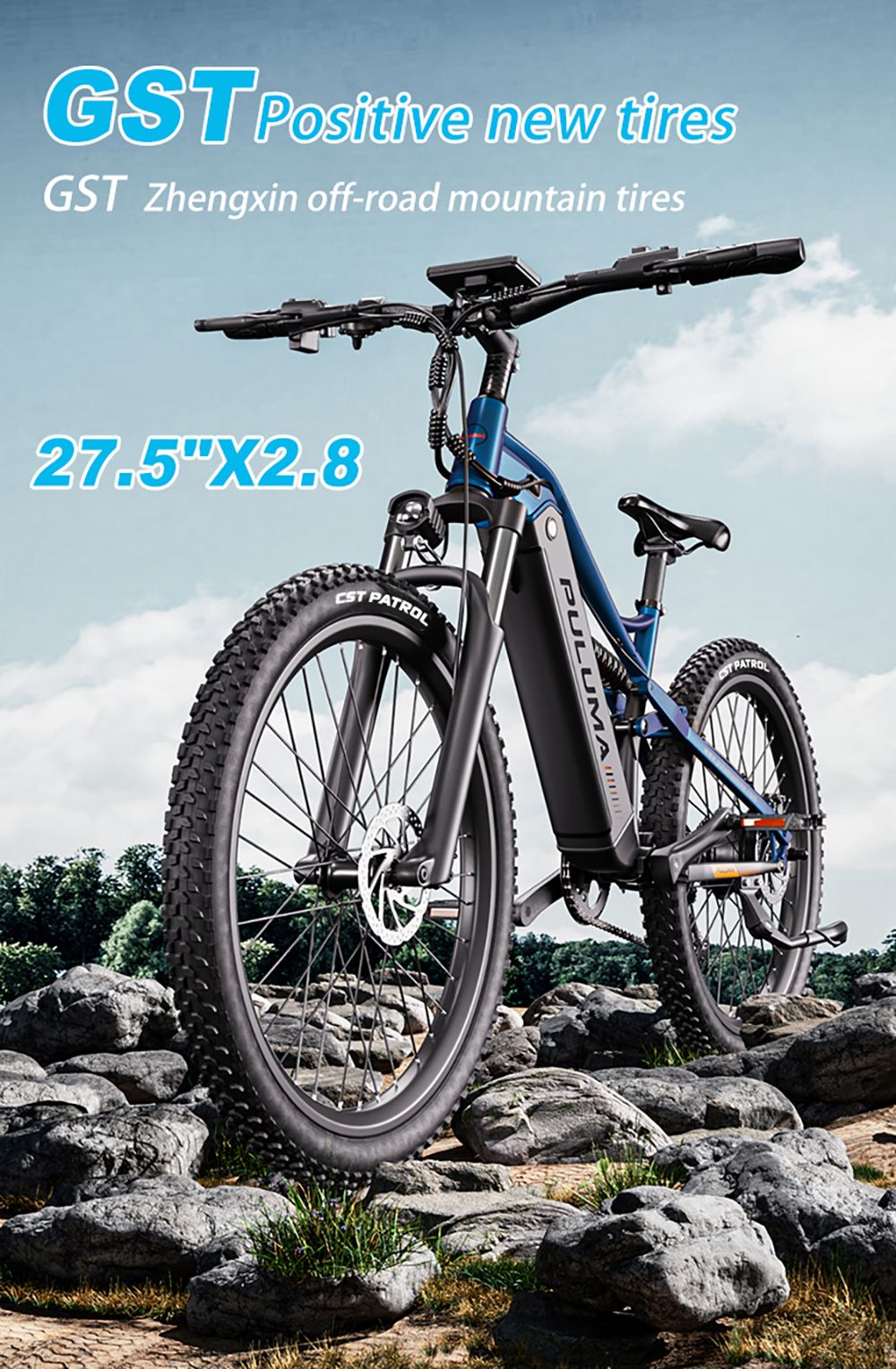 Bicicleta eléctrica PULUMA PH001, motor de 500 W, batería de 48 V 20 Ah, neumáticos de 27,5 x 2,8 pulgadas, velocidad máxima de 40 km/h, autonomía de 150 km, frenos de aceite hidráulicos, horquilla con amortiguador, desviador de 9 velocidades, pantalla LCD - Negro Azul