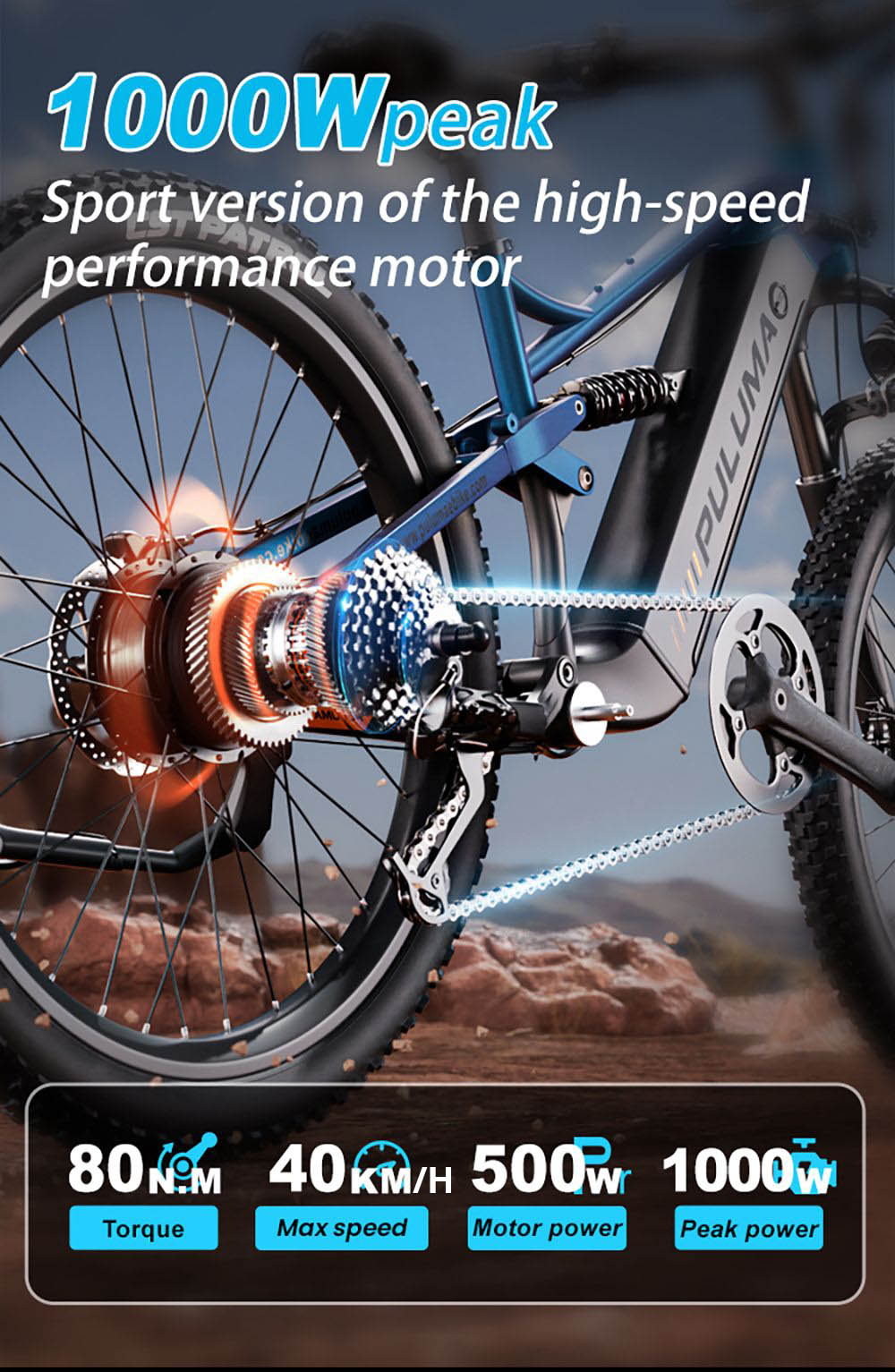 Bicicleta eléctrica PULUMA PH001, motor de 500 W, batería de 48 V 20 Ah, neumáticos de 27,5 x 2,8 pulgadas, velocidad máxima de 40 km/h, autonomía de 150 km, frenos de aceite hidráulicos, horquilla con amortiguador, desviador de 9 velocidades, pantalla LCD - Negro Azul