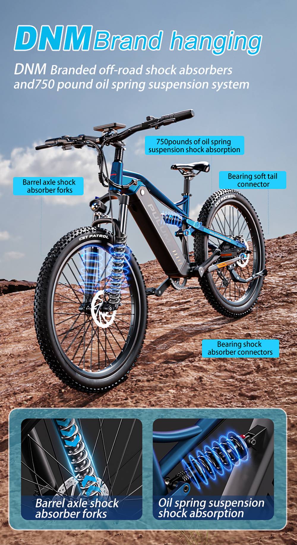 Bicicleta eléctrica PULUMA PH001, motor de 500 W, batería de 48 V 20 Ah, neumáticos de 27,5 x 2,8 pulgadas, velocidad máxima de 40 km/h, autonomía de 150 km, frenos de aceite hidráulicos, horquilla con amortiguador, desviador de 9 velocidades, pantalla LCD - Negro Azul