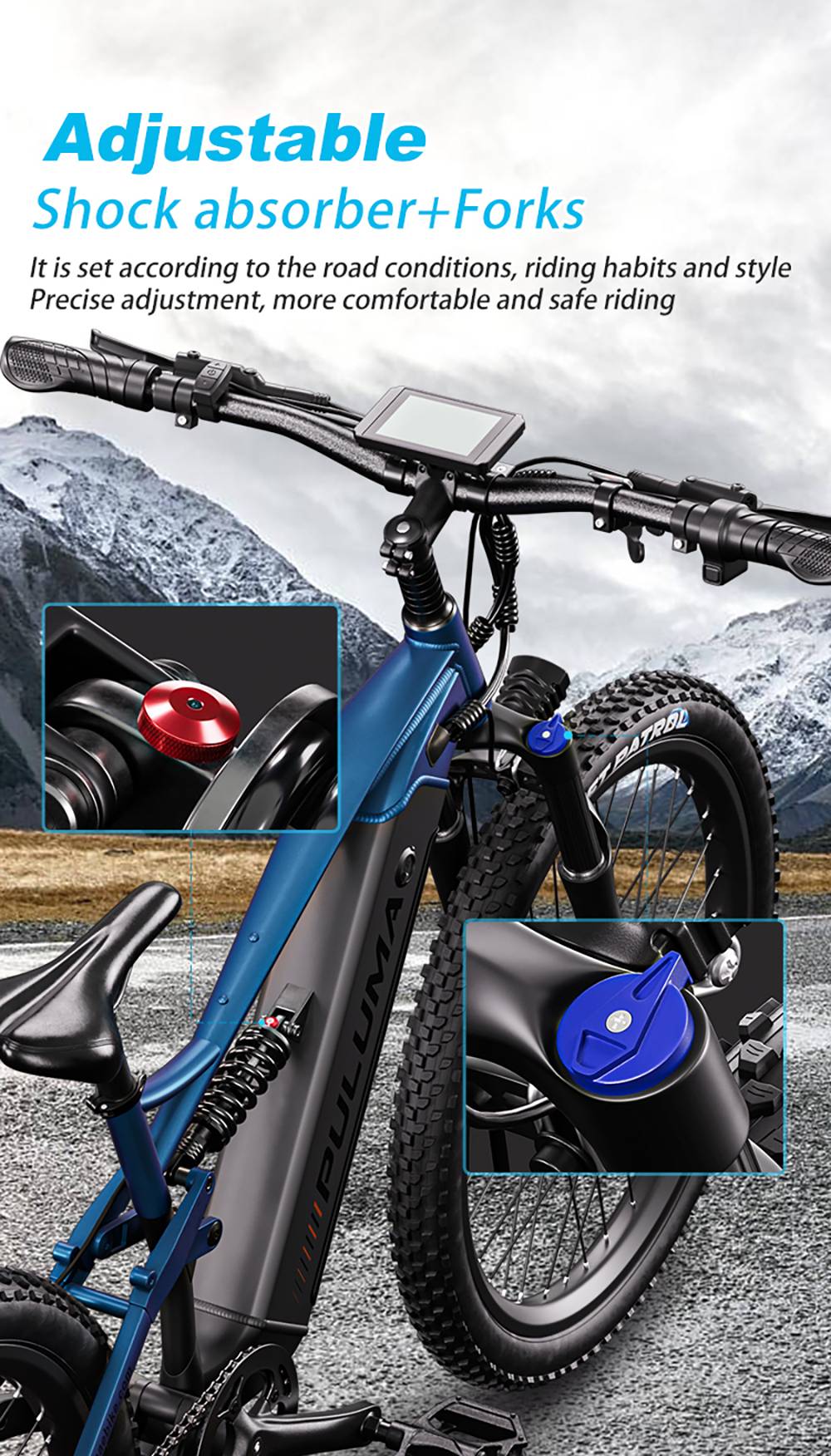 Bicicleta eléctrica PULUMA PH001, motor de 500 W, batería de 48 V 20 Ah, neumáticos de 27,5 x 2,8 pulgadas, velocidad máxima de 40 km/h, autonomía de 150 km, frenos de aceite hidráulicos, horquilla con amortiguador, desviador de 9 velocidades, pantalla LCD - Negro Azul