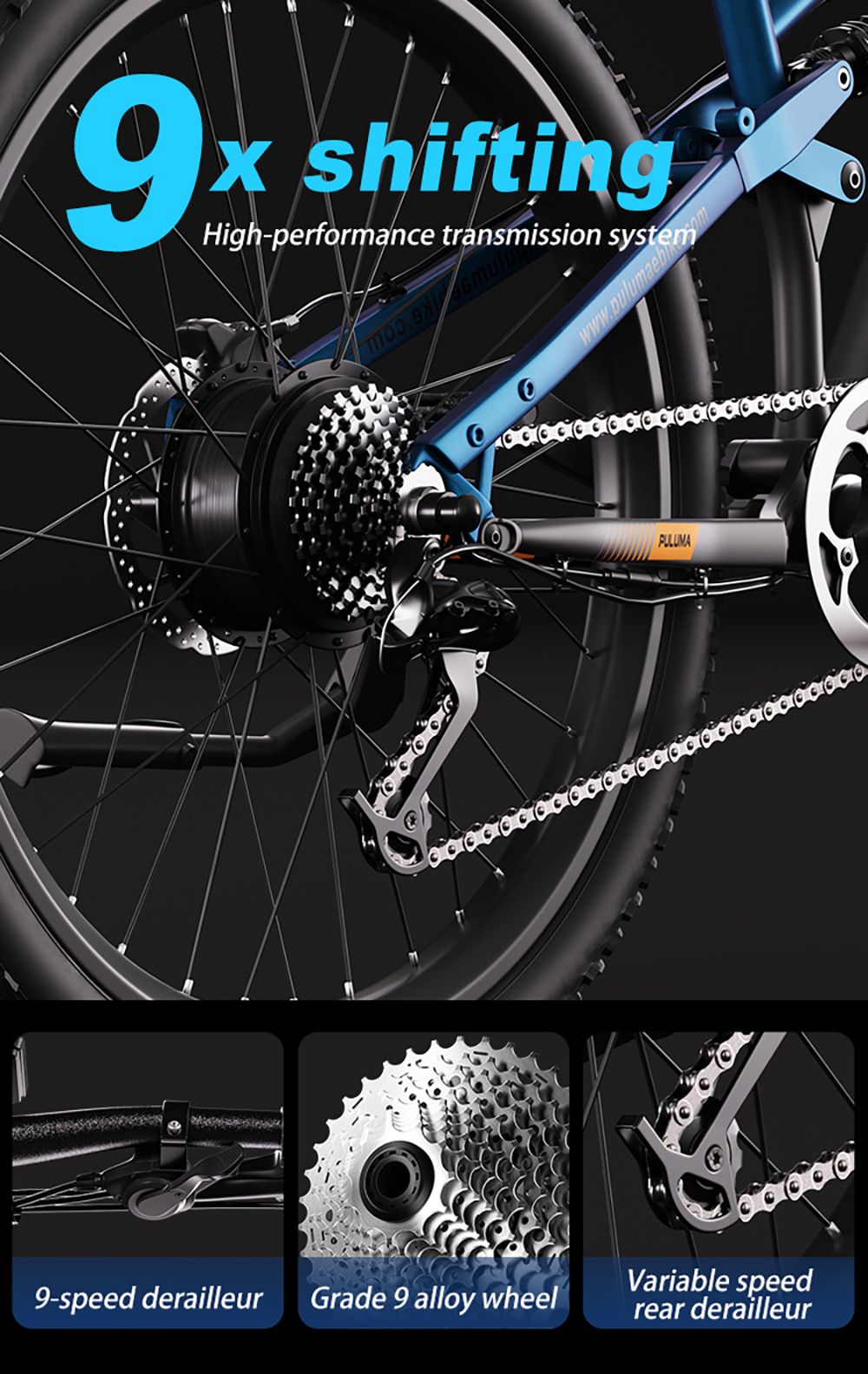 Bicicleta eléctrica PULUMA PH001, motor de 500 W, batería de 48 V 20 Ah, neumáticos de 27,5 x 2,8 pulgadas, velocidad máxima de 40 km/h, autonomía de 150 km, frenos de aceite hidráulicos, horquilla con amortiguador, desviador de 9 velocidades, pantalla LCD - Negro Azul