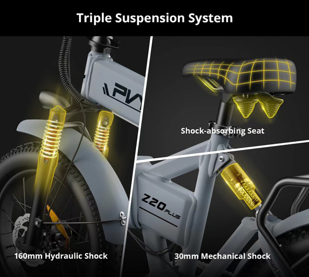 Bicicleta eléctrica plegable PVY Z20 Plus, neumáticos gruesos de 20*4.0 pulgadas, motor de 1000 W, velocidad de 50 km/h, batería de 48 V y 16,5 Ah, autonomía de 80-120 km, carga máxima de 150 kg, Shimano de 7 velocidades, bicicleta de montaña eléctrica - Gris
