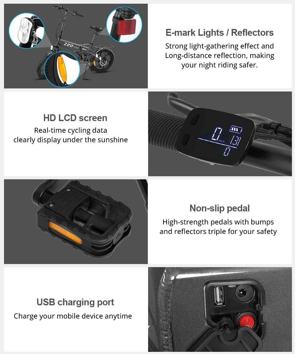 Bicicleta Eléctrica PVY Z20 Pro, Rueda de 20 Pulgadas, Motor de Buje de 500W, Velocidad Máxima de 25 km/h, Batería Extraíble de 36V 10.4Ah, Autonomía de 80-100 km, Pantalla LCD - Gris