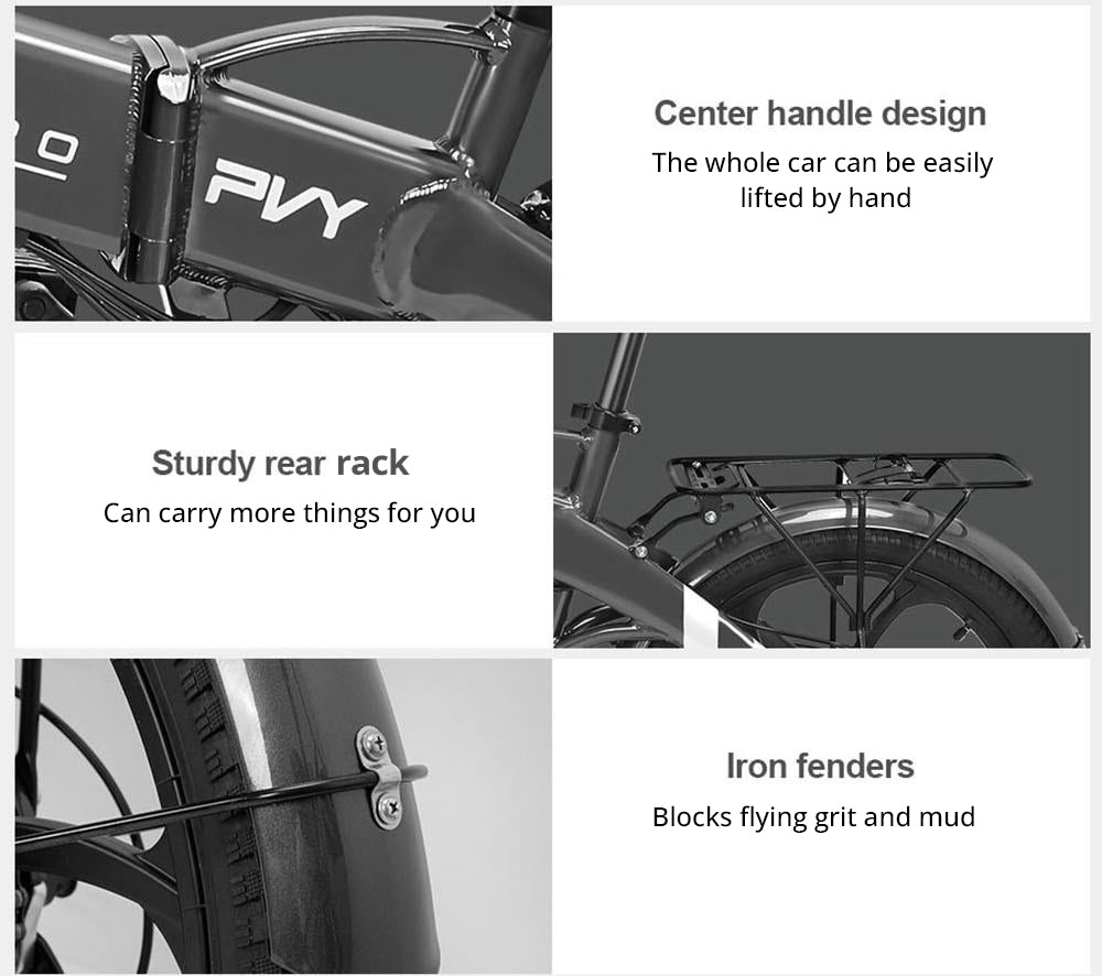 Bicicleta Eléctrica PVY Z20 Pro, Rueda de 20 Pulgadas, Motor de Buje de 500W, Velocidad Máxima de 25 km/h, Batería Extraíble de 36V 10.4Ah, Autonomía de 80-100 km, Pantalla LCD - Gris