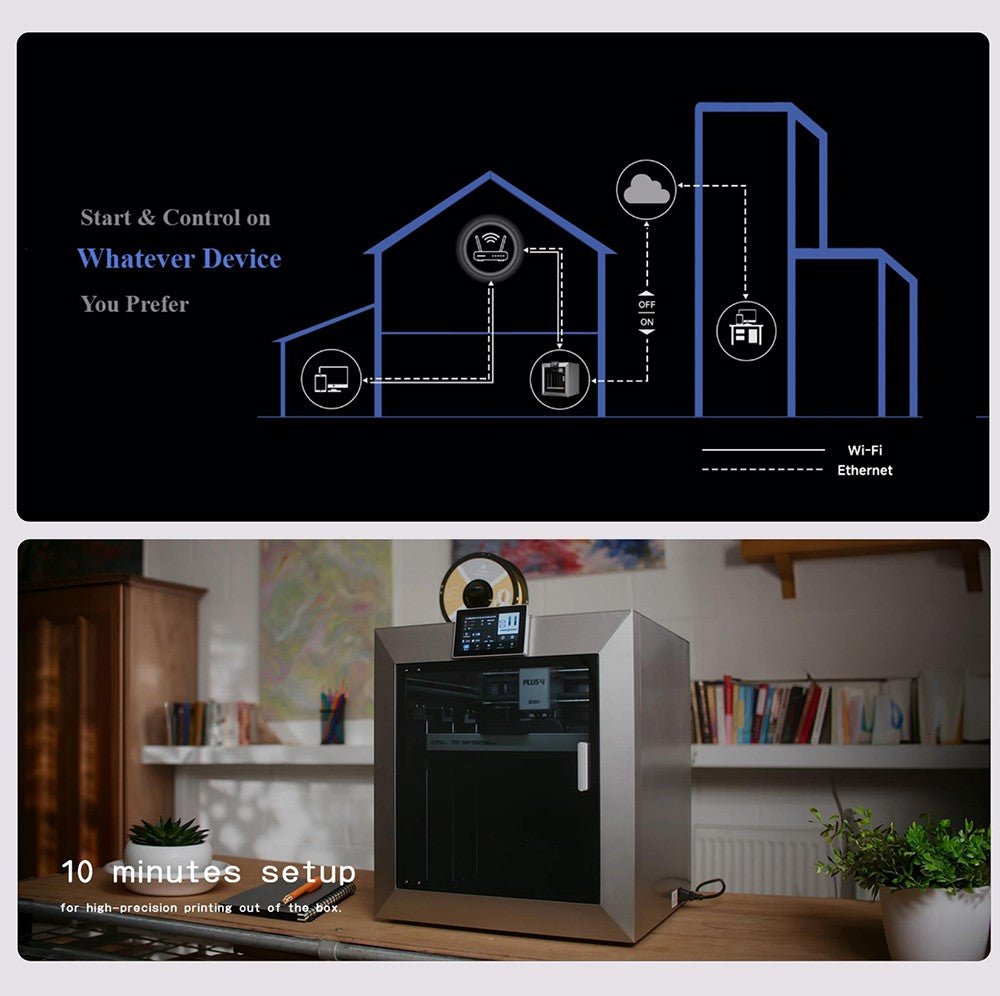 Impresora 3D QIDI TECH PLUS4, 600 mm/s, impresión a alta temperatura de 370 ℃, cámara de calentamiento activa de 65 ℃, 305*305*280 mm, pantalla táctil de 5 pulgadas, cámara 1080P, boquilla compuesta multimetálica, aislamiento de doble capa, admite sistema multicolor, control remoto, Klipper V0.12.0
