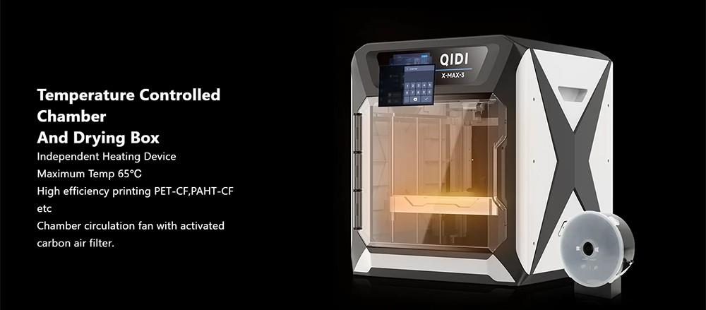Impresora 3D QIDI TECH X-Max 3, Nivelación Automática, Velocidad de Impresión 600mm/s, Placa HF Flexible, Ventilador de Circulación de Cámara, Detección de Filamento, Caja Secadora, 325*325*315mm