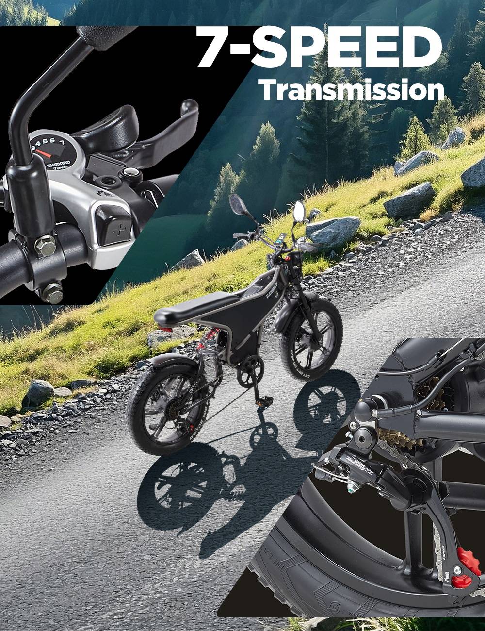 RANDRIDE DM711 Electric Bike, 1000W*2 Motor, 48V 20Ah Battery, 20*4.0 inch Fat Tires, 45km/h Max Speed, 60km Range, Shimano Mechanical Brake, Dual Shock Suspension, LCD Display, 7 Speed