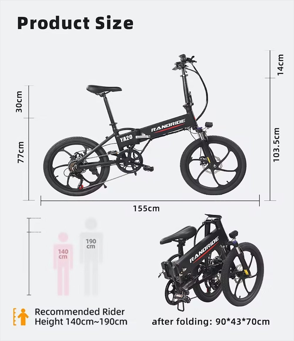 RANDRIDE YA20 Electric Bike 500W Motor 40km/h Max Speed 48V 12.8Ah Battery 80-90 Max Range 20*1.95'' CST Tires 120kg Load Shimano 7 Speed