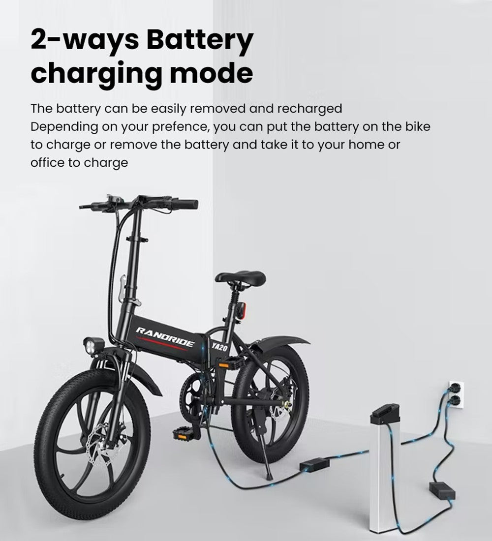 RANDRIDE YA20 Electric Bike 500W Motor 40km/h Max Speed 48V 12.8Ah Battery 80-90 Max Range 20*1.95'' CST Tires 120kg Load Shimano 7 Speed