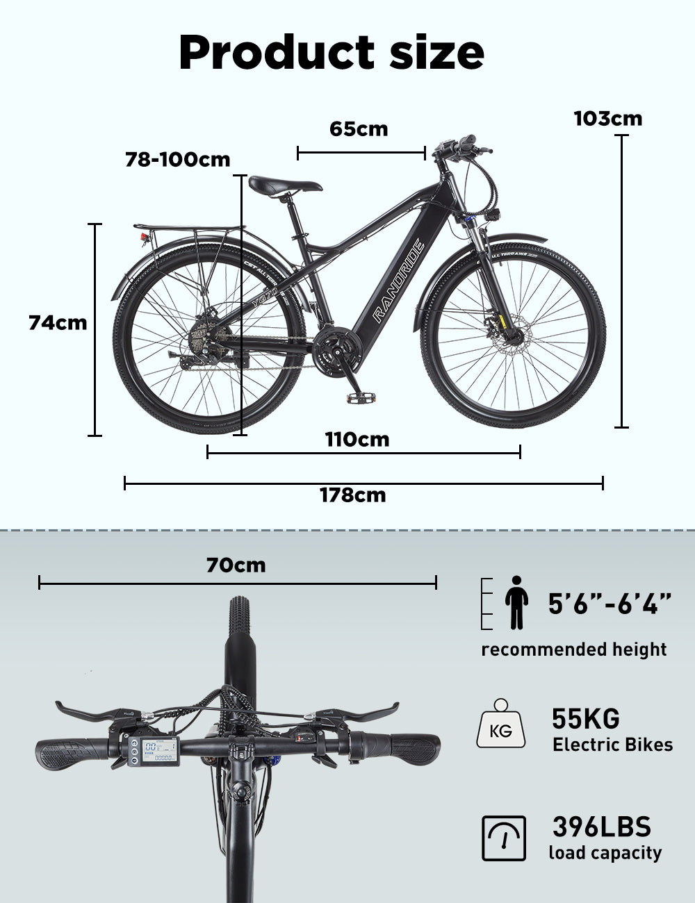 RANDRIDE YG70 Electric Bike, 1000W Motor, 48V 14Ah Battery, 27.5*1.95 inch Tire, 45km/h Max Speed, 50km Range, Mechanical Brake, Front Fork Suspension, 27 Speed, LCD Display