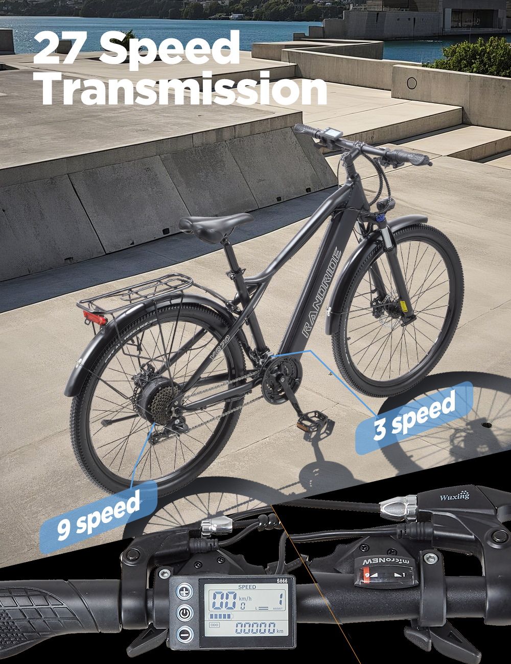 RANDRIDE YG70 Electric Bike, 1000W Motor, 48V 14Ah Battery, 27.5*1.95 inch Tire, 45km/h Max Speed, 50km Range, Mechanical Brake, Front Fork Suspension, 27 Speed, LCD Display
