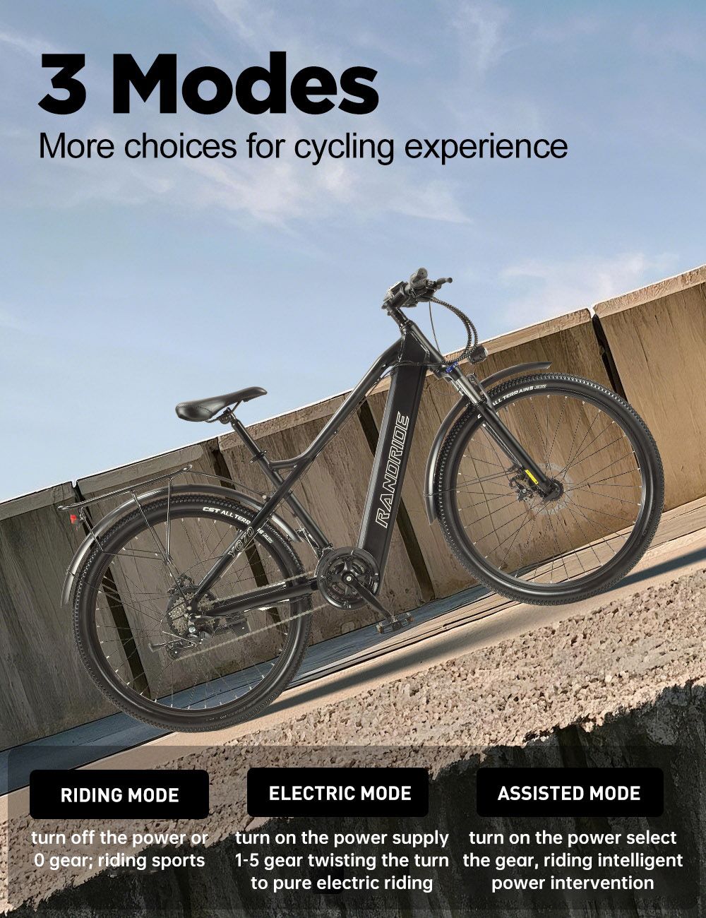 RANDRIDE YG70 Electric Bike, 1000W Motor, 48V 14Ah Battery, 27.5*1.95 inch Tire, 45km/h Max Speed, 50km Range, Mechanical Brake, Front Fork Suspension, 27 Speed, LCD Display