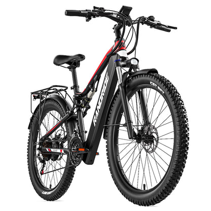 RANDRIDE YG90B Electric Bike 1000W Motor 45km/h Max Speed 48V 17Ah Removable battery 80-90KM Max Range 27.5*2.4'' CST Tires 120kg Load Shimano 21 Gears Hydraulic brake - Black &amp; Red