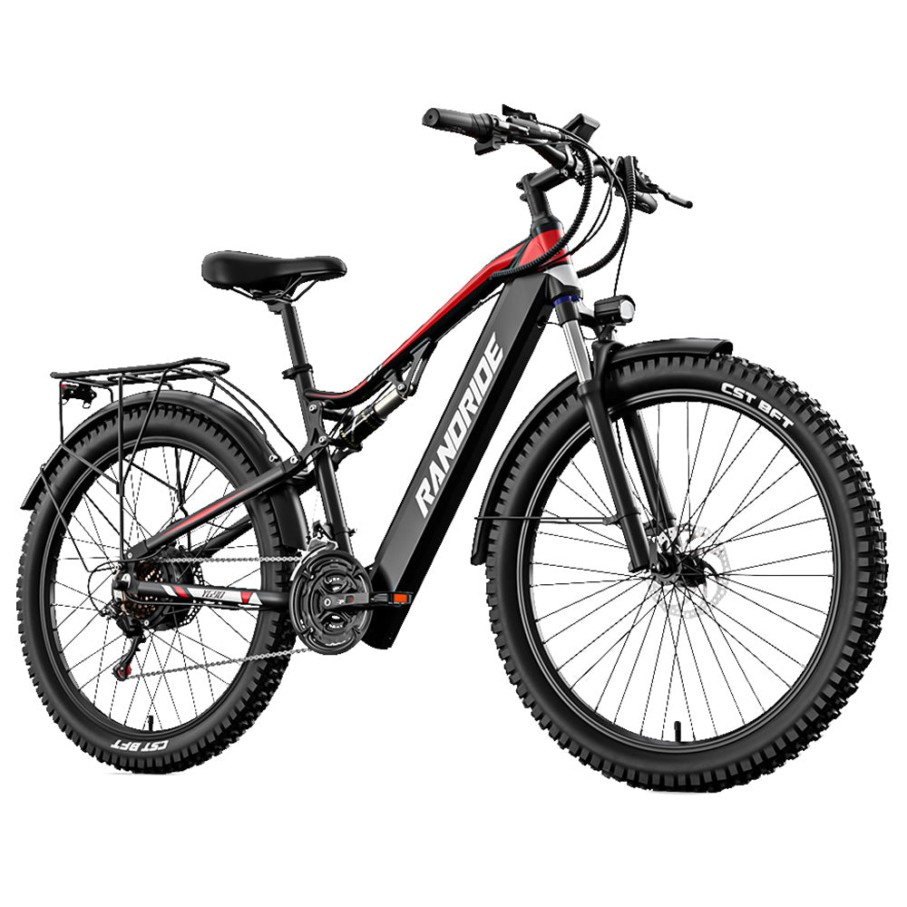 RANDRIDE YG90B Electric Bike 1000W Motor 45km/h Max Speed 48V 17Ah Removable battery 80-90KM Max Range 27.5*2.4'' CST Tires 120kg Load Shimano 21 Gears Hydraulic brake - Black &amp; Red