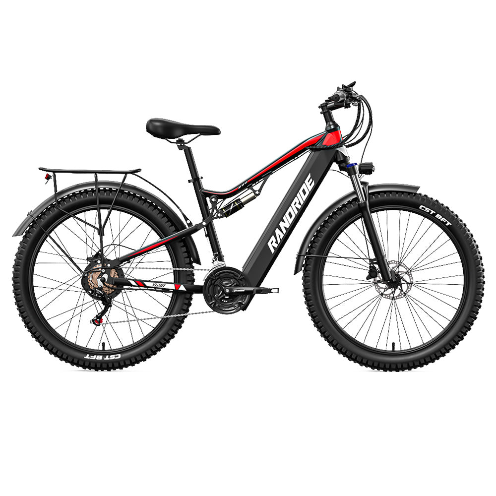 RANDRIDE YG90B Electric Bike 1000W Motor 45km/h Max Speed 48V 17Ah Removable battery 80-90KM Max Range 27.5*2.4'' CST Tires 120kg Load Shimano 21 Gears Hydraulic brake - Black &amp; Red