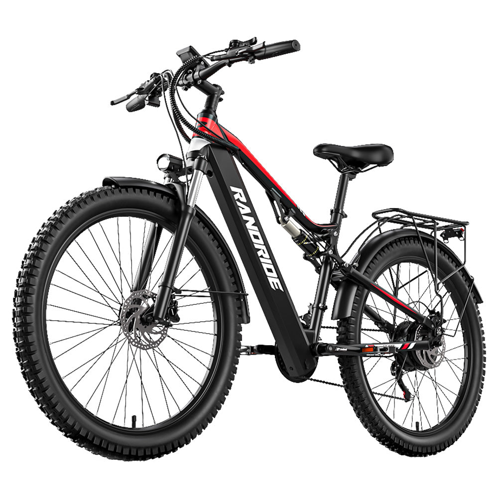 RANDRIDE YG90B Electric Bike 1000W Motor 45km/h Max Speed 48V 17Ah Removable battery 80-90KM Max Range 27.5*2.4'' CST Tires 120kg Load Shimano 21 Gears Hydraulic brake - Black &amp; Red