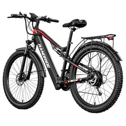 RANDRIDE YG90B Electric Bike 1000W Motor 45km/h Max Speed 48V 17Ah Removable battery 80-90KM Max Range 27.5*2.4'' CST Tires 120kg Load Shimano 21 Gears Hydraulic brake - Black &amp; Red