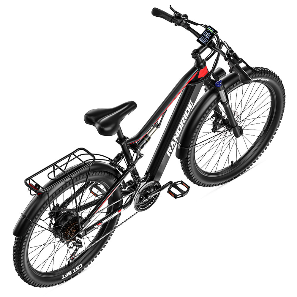RANDRIDE YG90B Electric Bike 1000W Motor 45km/h Max Speed 48V 17Ah Removable battery 80-90KM Max Range 27.5*2.4'' CST Tires 120kg Load Shimano 21 Gears Hydraulic brake - Black &amp; Red