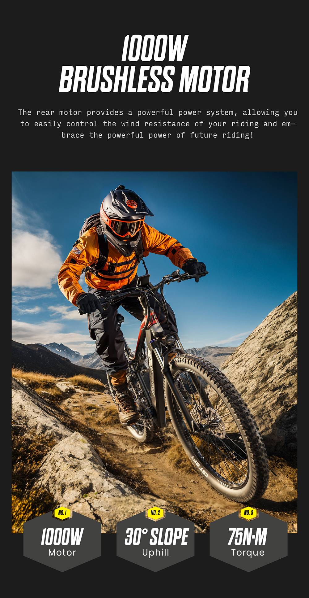 RANDRIDE YG90B Electric Bike 1000W Motor 45km/h Max Speed 48V 17Ah Removable battery 80-90KM Max Range 27.5*2.4'' CST Tires 120kg Load Shimano 21 Gears Hydraulic brake - Black & Red