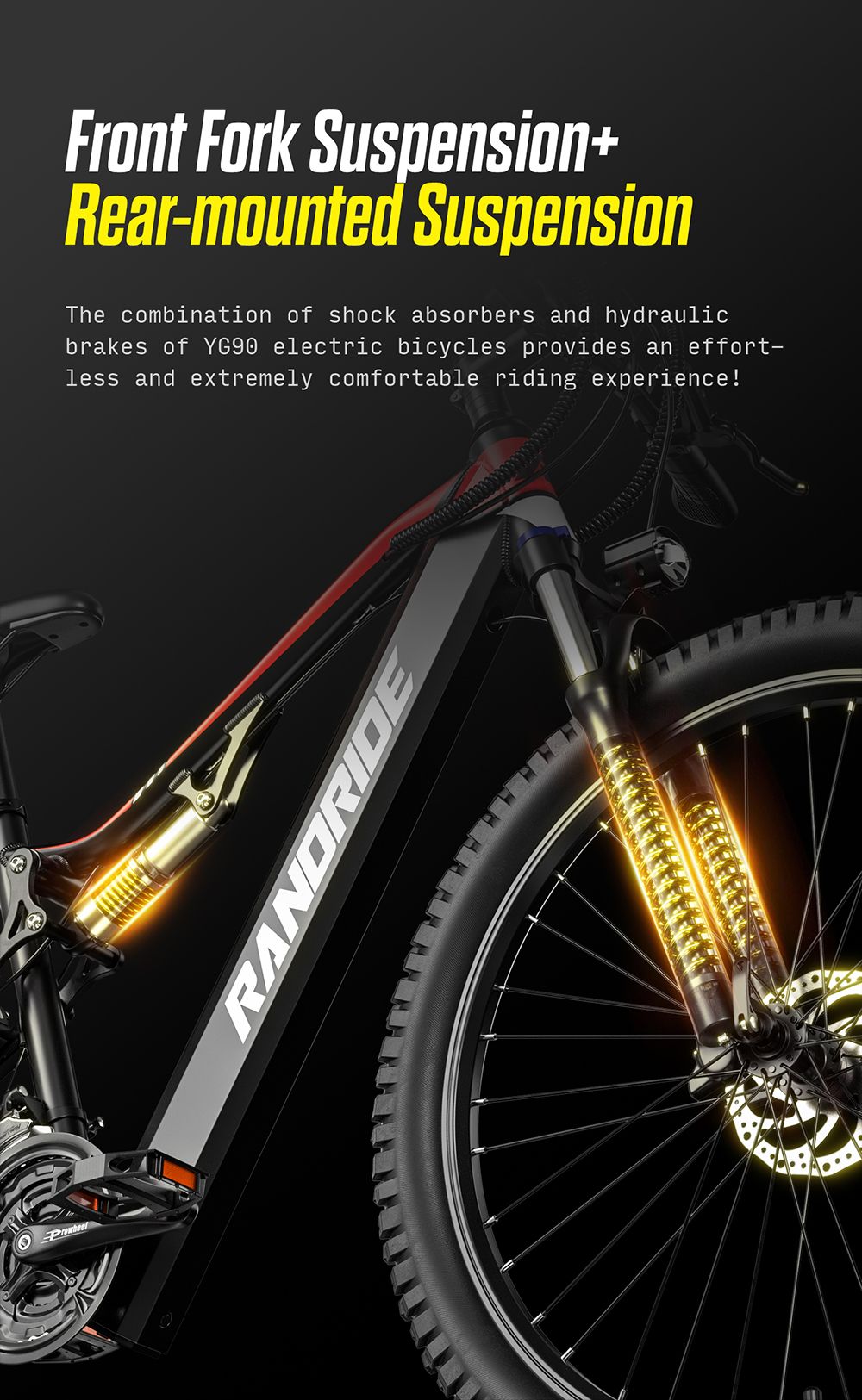 RANDRIDE YG90B Electric Bike 1000W Motor 45km/h Max Speed 48V 17Ah Removable battery 80-90KM Max Range 27.5*2.4'' CST Tires 120kg Load Shimano 21 Gears Hydraulic brake - Black & Red