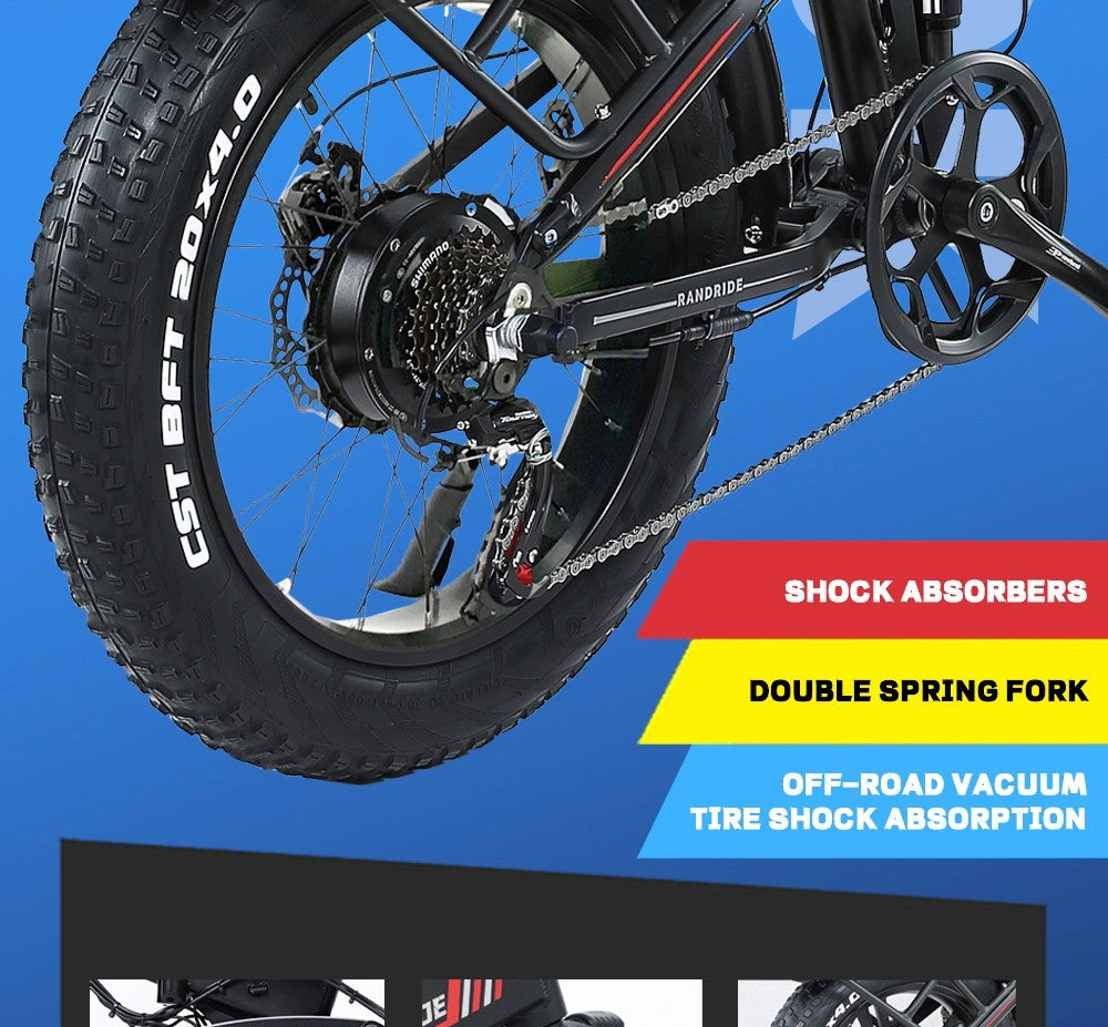 RANDRIDE YX20 Electric Bike 1000W Motor 45km/h Max Speed 48V 17Ah Battery 80-90km Max Range 20*4.0'' One-Wheel Fat Tires 150kg Load Shimano 7-Speed Gear