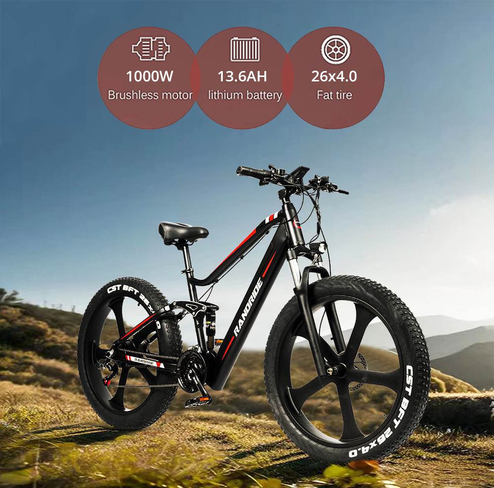 RANDRIDE YX90M Electric Bike, 26'' Fat Tire, 1000W Brushless Motor, 48V13.6Ah Battery, 45km/h Max Speed, 100km Range, LCD Display, SHIMANO Hydraulic Brake, Full Suspension Frame
