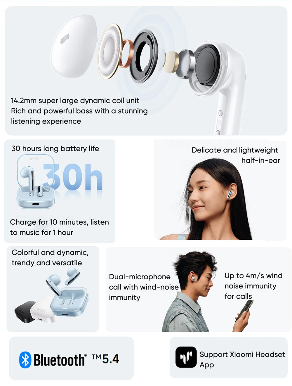 Redmi Buds 6 Auriculares inalámbricos activos, Bluetooth 5.4, cancelación de ruido para llamadas, 5 modos de ecualización, hasta 30 horas de duración de la batería - Negro