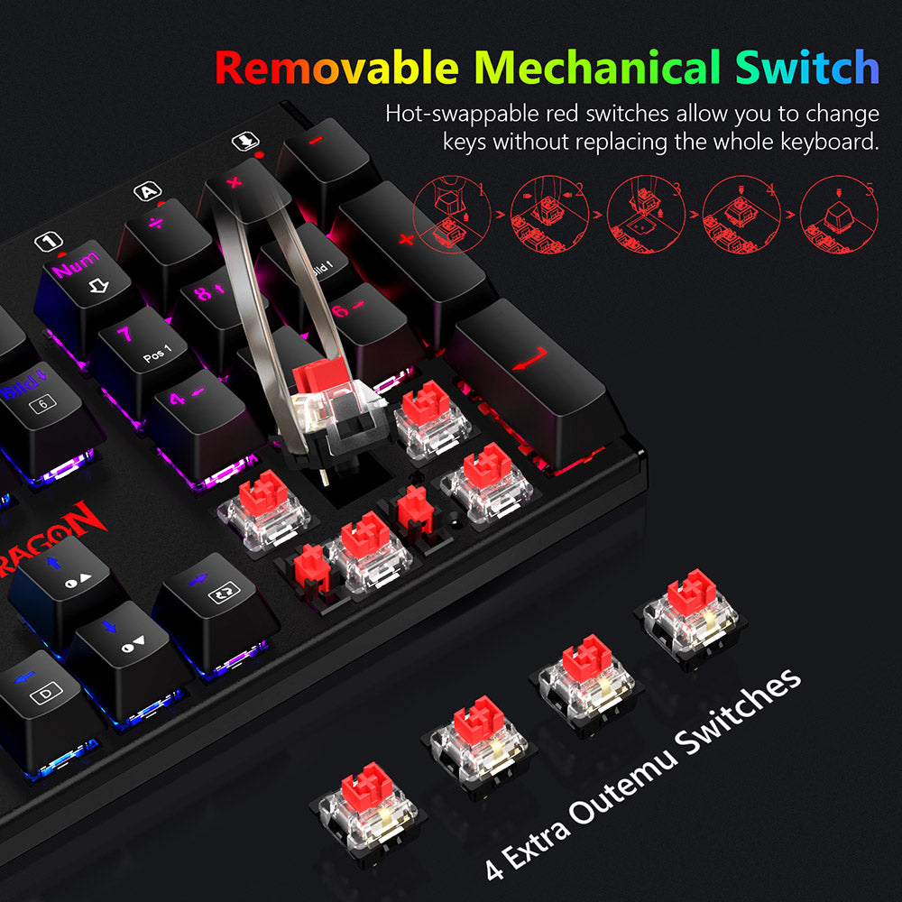 Redragon 105-Key K565-RGB Mechanical Keyboard RGB Backlight German Layout Aluminum Base Red Switch - Black