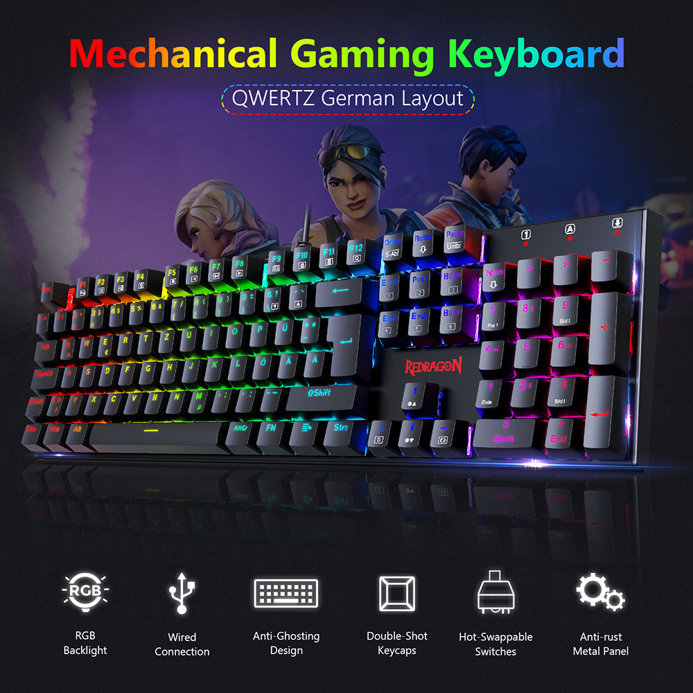 Redragon 105-Key K565-RGB Mechanical Keyboard RGB Backlight German Layout Aluminum Base Red Switch - Black