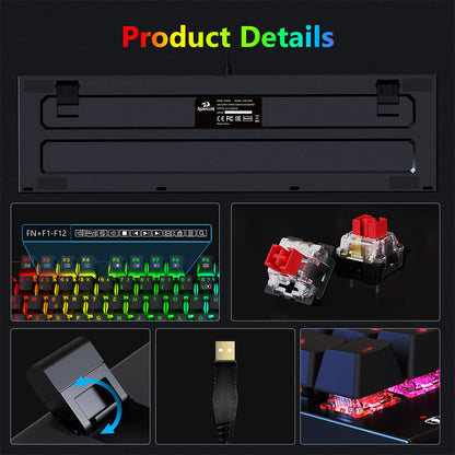 Redragon 105-Key K565-RGB Mechanical Keyboard RGB Backlight German Layout Aluminum Base Red Switch - Black