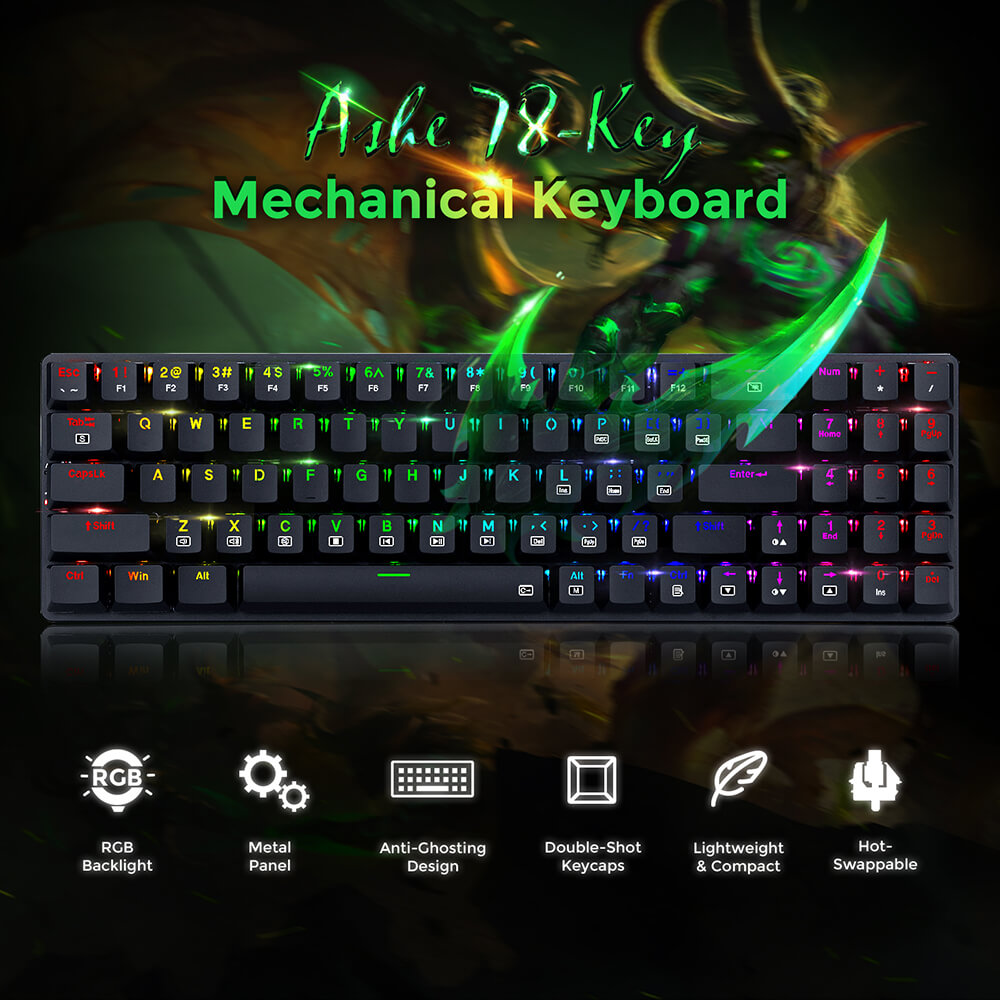 Redragon K626P-KB Ashe 78 Keys Wired RGB Compact Mechanical Keyboard Ultra-Thin with Numpad Blue Switch - Black