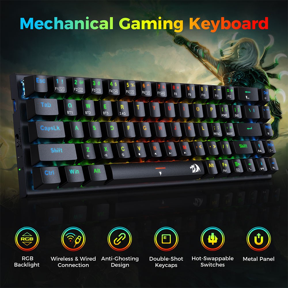 Redragon K633RGB-PRO Ryze Pro 68 Key Bluetooth/2.4Ghz/Wired Tri-Mode Mechanical Keyboard RGB Backlight Red Switch - Black