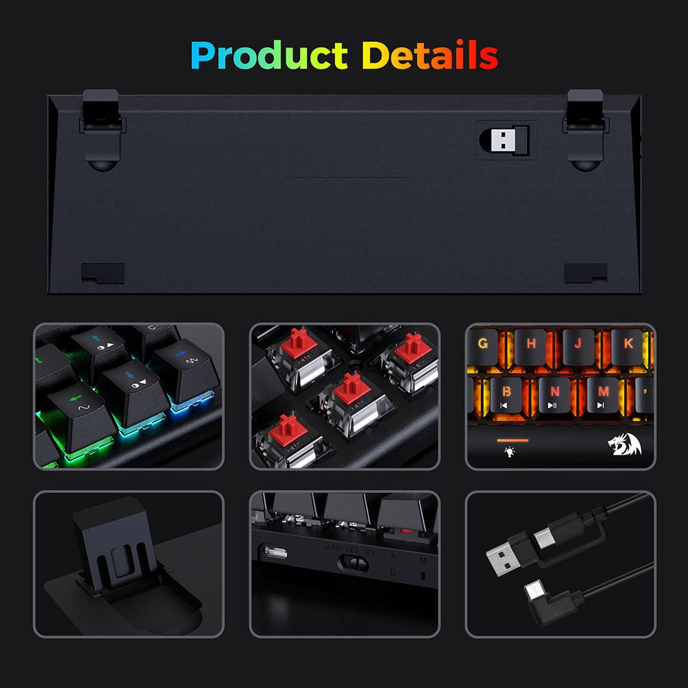 Redragon K633RGB-PRO Ryze Pro 68 Key Bluetooth/2.4Ghz/Wired Tri-Mode Mechanical Keyboard RGB Backlight Red Switch - Black