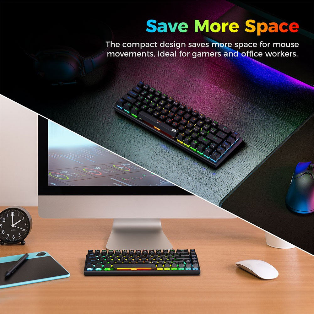 Redragon K633RGB-PRO Ryze Pro 68 Key Bluetooth/2.4Ghz/Wired Tri-Mode Mechanical Keyboard RGB Backlight Red Switch - Black