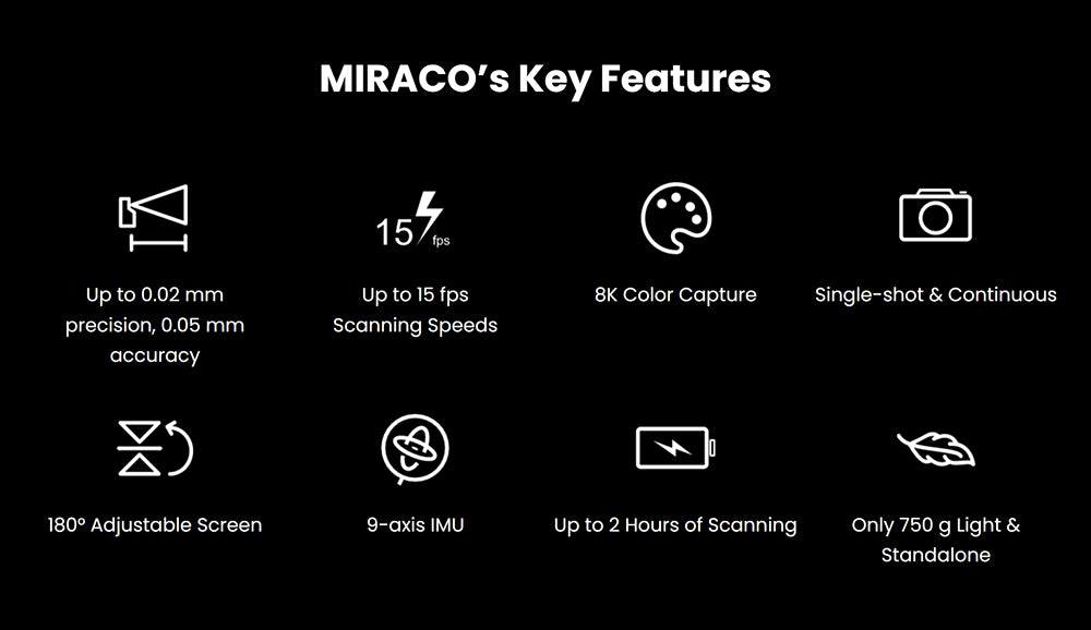 Escáner 3D Revopoint MIRACO con 16 GB de RAM, alta precisión de 0,02 mm, velocidad de escaneo de 15 fps, captura de color 8K, pantalla giratoria de 180°, IMU de 9 ejes, imagen HD de 2K, modo de disparo único y continuo, diseño estable, para objetos pequeños y grandes.